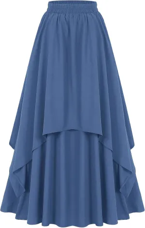 ebossy Women's Elegant Layered Long Skirt Retro High Waist Pleated Flowy A-line Asymmetric Renaissance Skirts