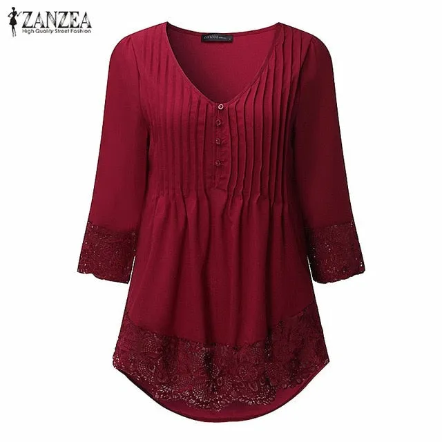 Elegant Lace Blouses Shirts Sexy V Neck Casual 3/4 Sleeve Asymmetrical Solid Tops