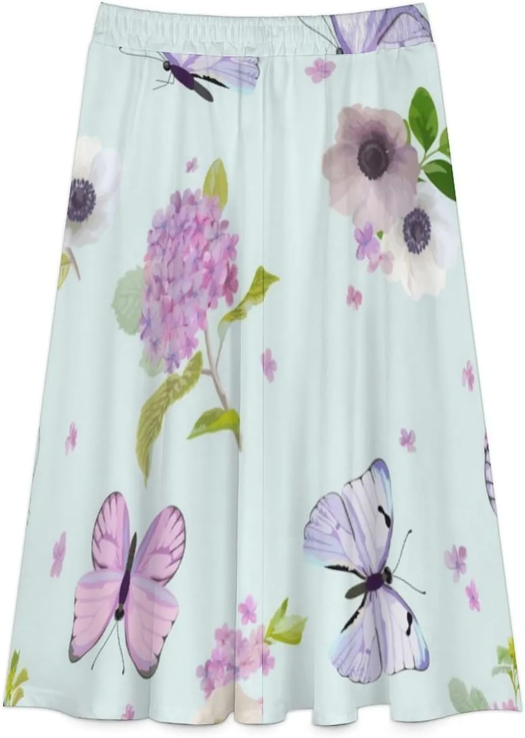 Esthetic Butterfly Florals Printed Midi Skirt High Elastic Waist Ruffling Flowy Summer Skirt