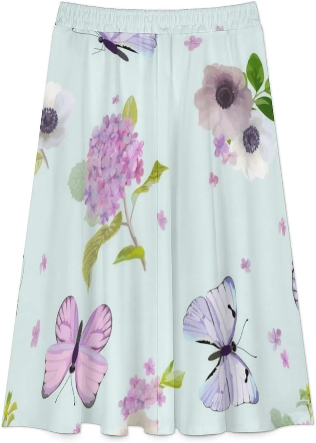 Esthetic Butterfly Florals Printed Midi Skirt High Elastic Waist Ruffling Flowy Summer Skirt