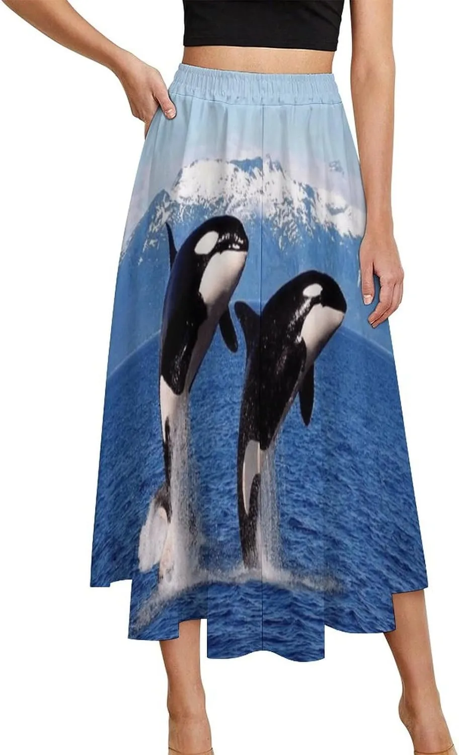 Esthetic Killer Whale Print Midi Skirts High Elastic Waist Ruffling Flowy Mini Club Skirts