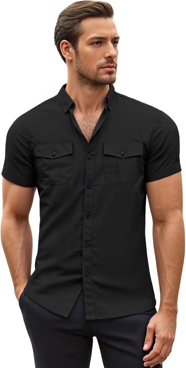 ETHANOL Mens Super Soft Slim Fit Shirt Wrinkle Free Performance Tech 4-Way Stretch Ripstop Fabric Casual Short Sleeve Shirts