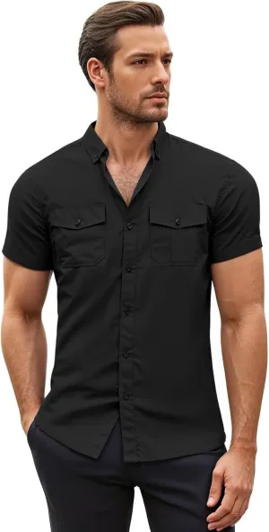 ETHANOL Mens Super Soft Slim Fit Shirt Wrinkle Free Performance Tech 4-Way Stretch Ripstop Fabric Casual Short Sleeve Shirts