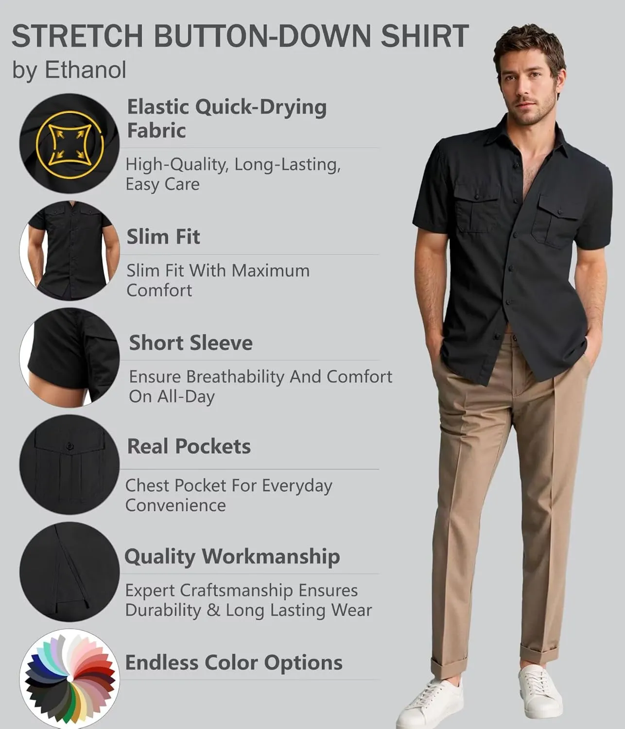 ETHANOL Mens Super Soft Slim Fit Shirt Wrinkle Free Performance Tech 4-Way Stretch Ripstop Fabric Casual Short Sleeve Shirts