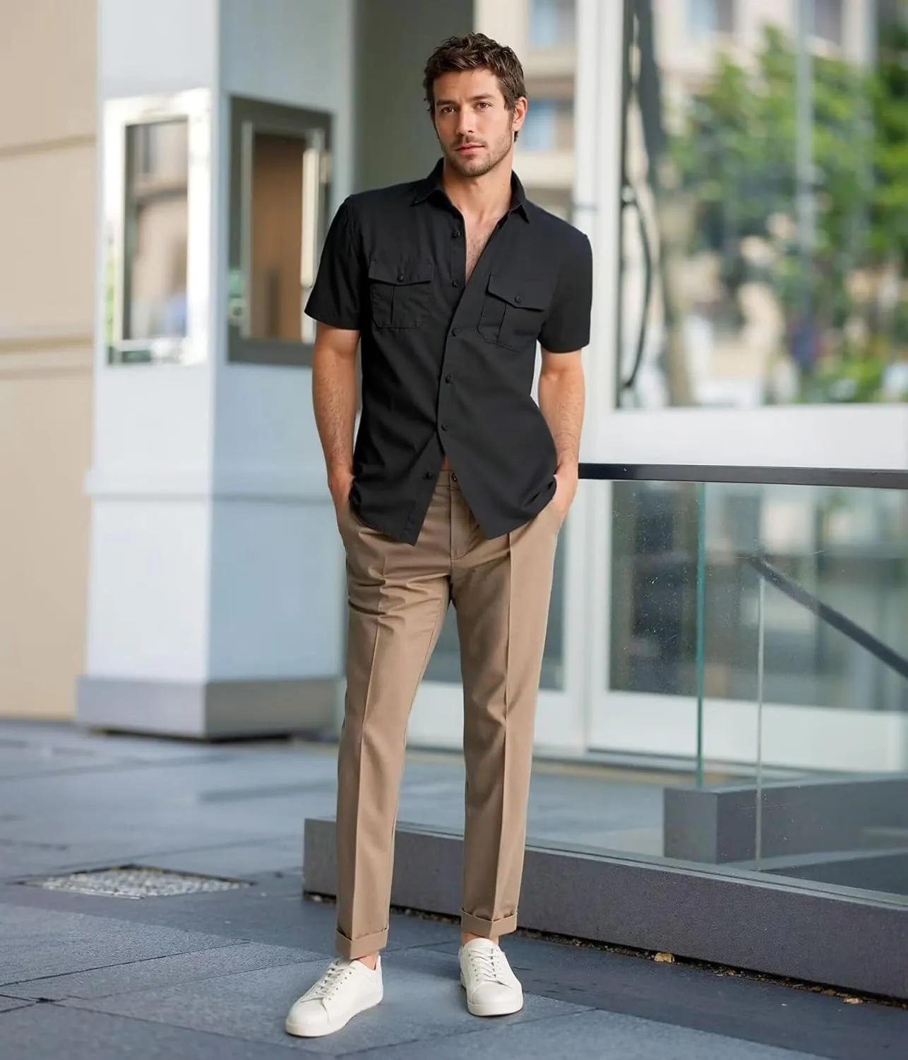 ETHANOL Mens Super Soft Slim Fit Shirt Wrinkle Free Performance Tech 4-Way Stretch Ripstop Fabric Casual Short Sleeve Shirts