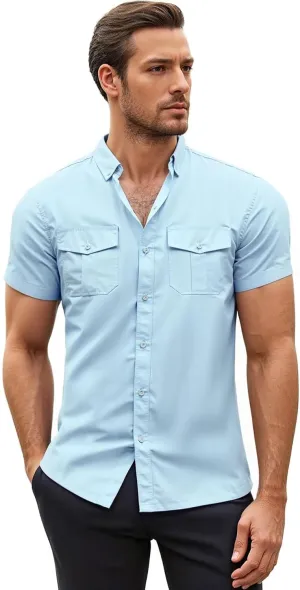 ETHANOL Mens Super Soft Slim Fit Shirt Wrinkle Free Performance Tech 4-Way Stretch Ripstop Fabric Casual Short Sleeve Shirts