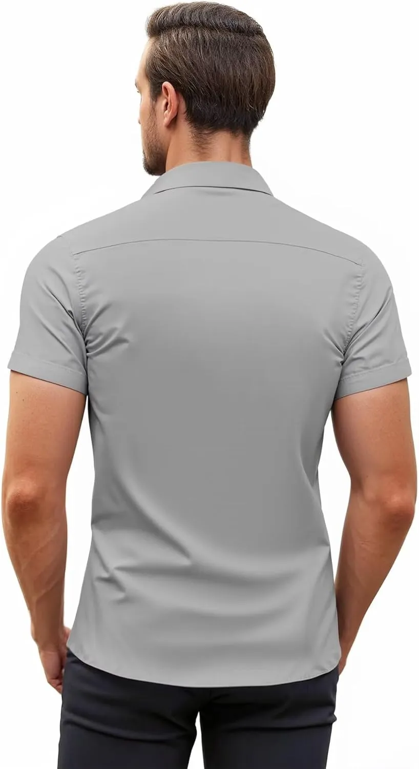 ETHANOL Mens Super Soft Slim Fit Shirt Wrinkle Free Performance Tech 4-Way Stretch Ripstop Fabric Casual Short Sleeve Shirts