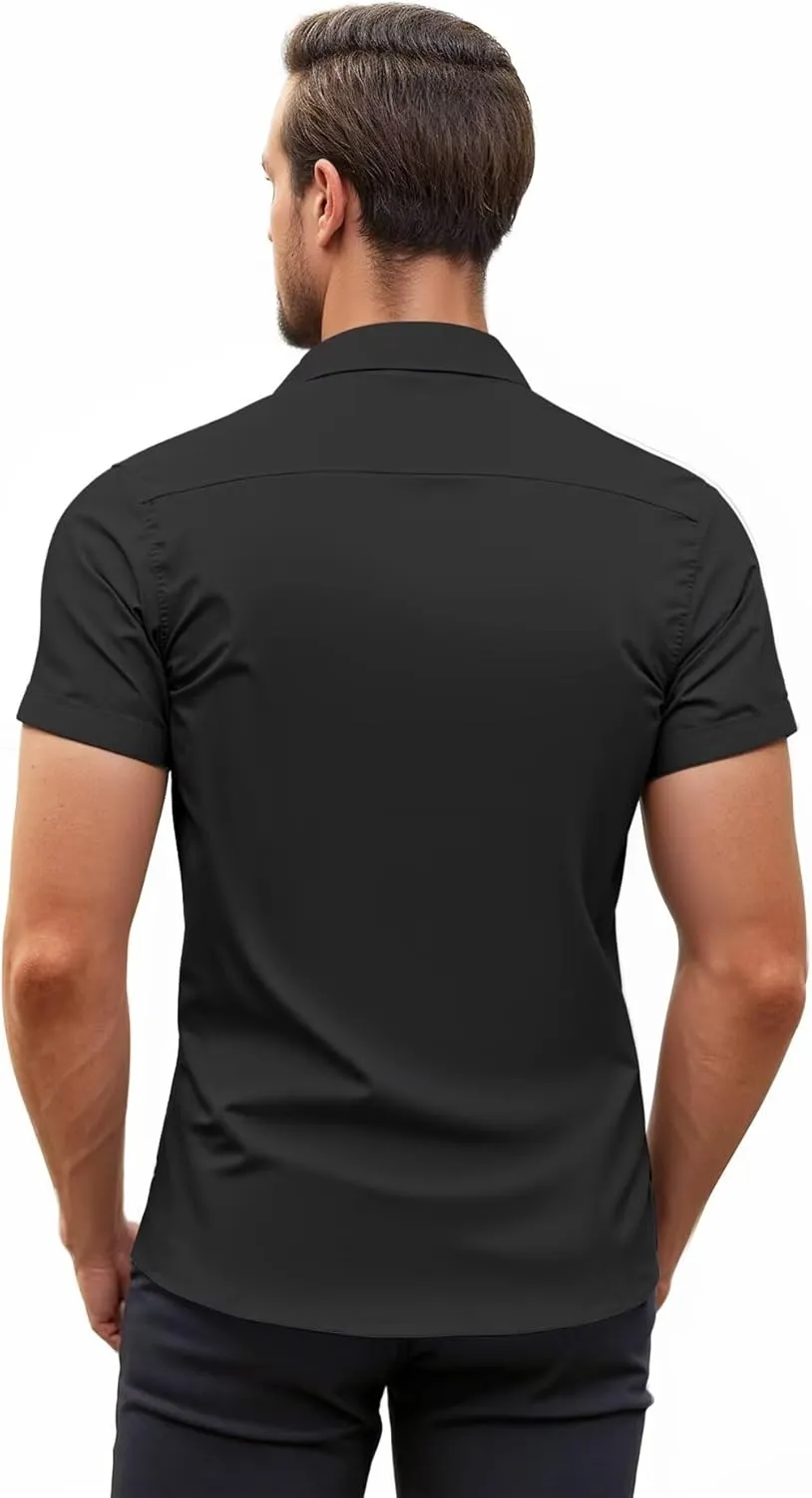 ETHANOL Mens Super Soft Slim Fit Shirt Wrinkle Free Performance Tech 4-Way Stretch Ripstop Fabric Casual Short Sleeve Shirts