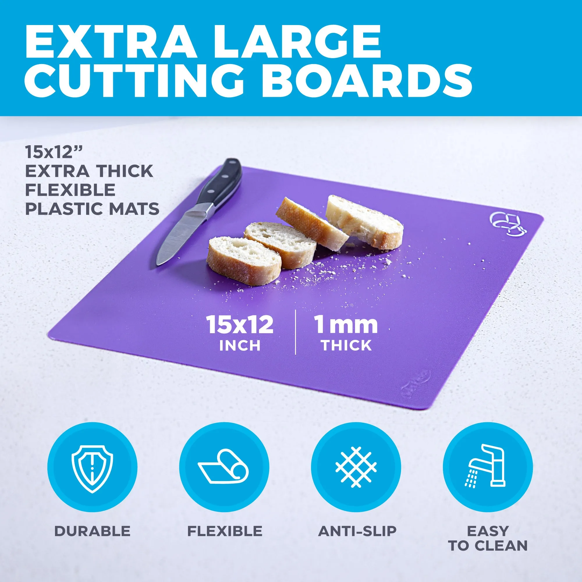 Extra Thick Flexible Plastic Cutting Board Mats with Food Icons & EZ-Grip Waffle Back,Dishwasher Safe