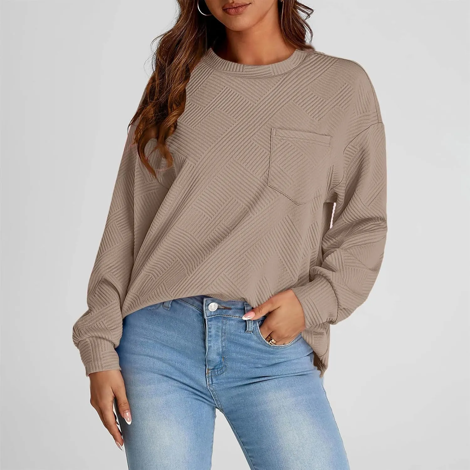 Fall Fashion Sweatshirts For Women 2024 Long Sleeve Crew Neck Sweatshirt Casual Loose Textured Pullover Tops