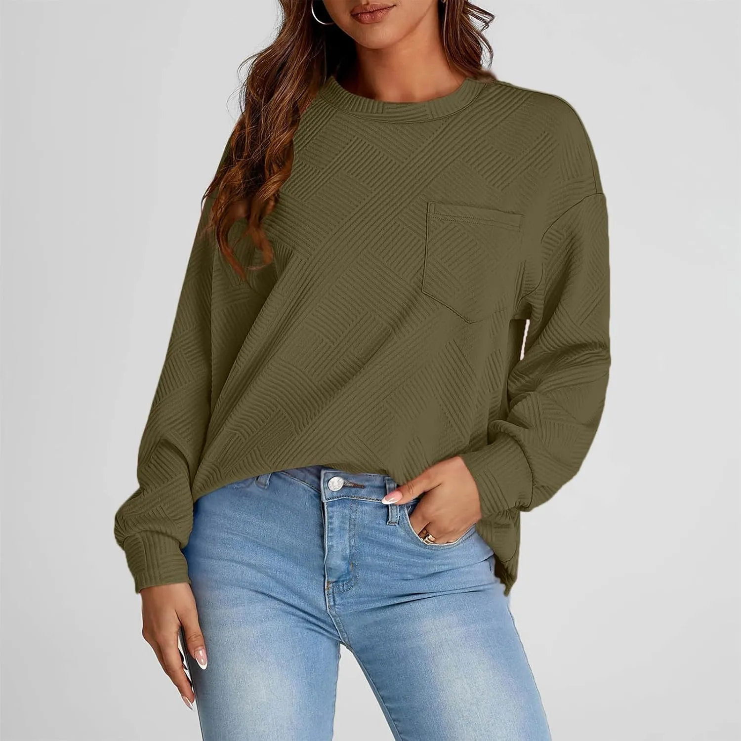 Fall Fashion Sweatshirts For Women 2024 Long Sleeve Crew Neck Sweatshirt Casual Loose Textured Pullover Tops