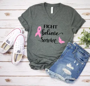 Fight Believe Survive - Breast Cancer Awareness Unisex Adult T Shirt - Survivor - Wear Pink - October