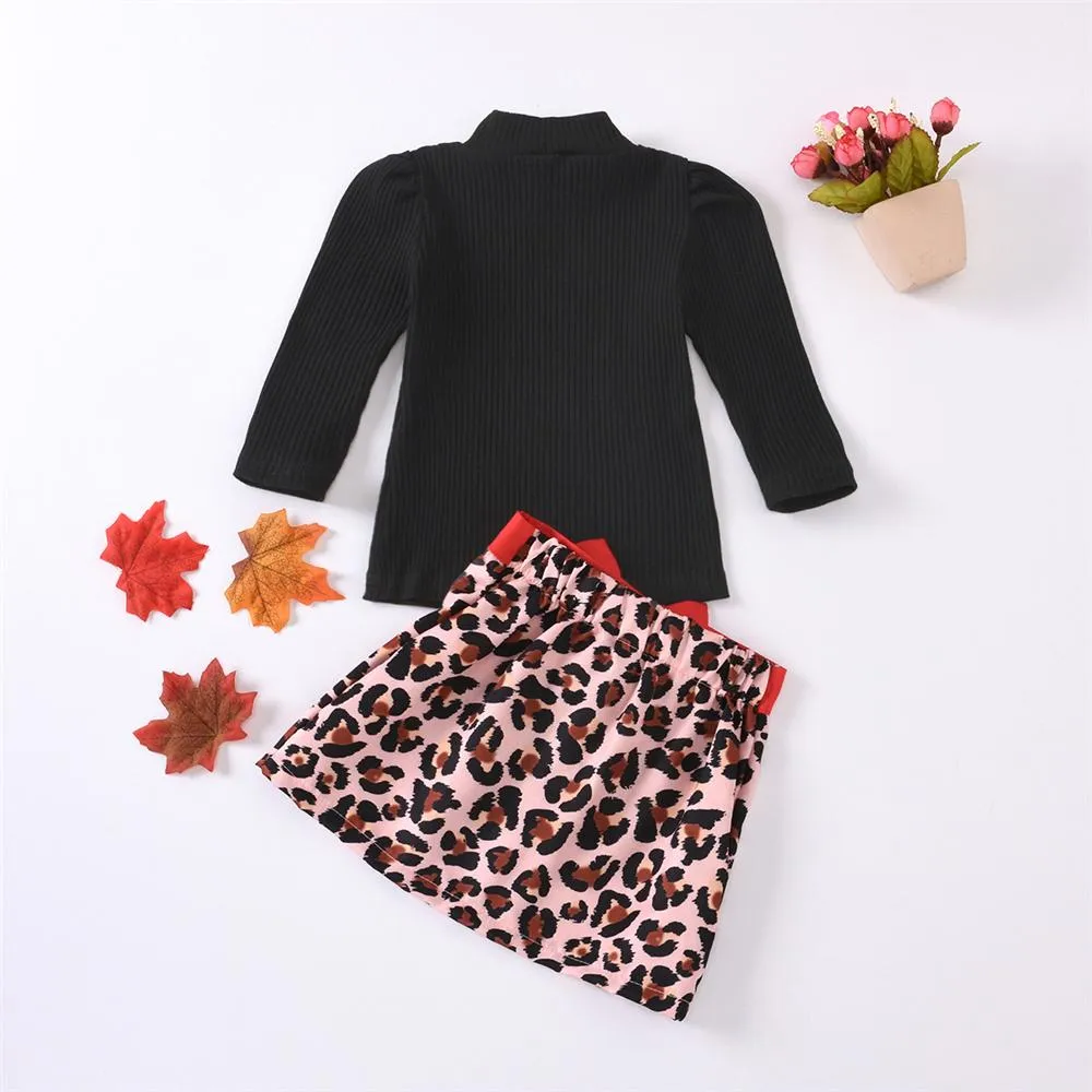 Girls Solid Long Sleeve Sweaters & Leopard Bow Skirt Girl Wholesale
