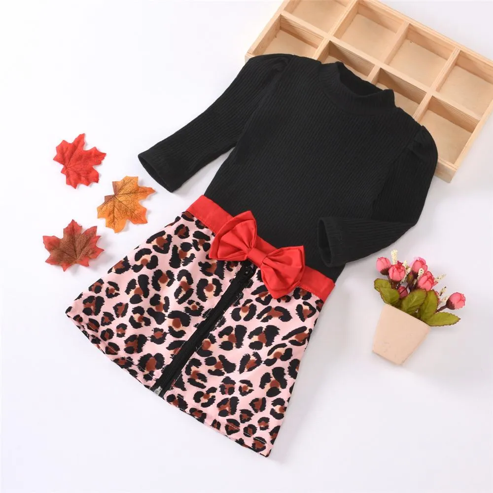 Girls Solid Long Sleeve Sweaters & Leopard Bow Skirt Girl Wholesale