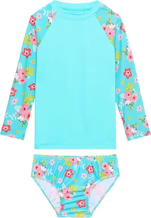 Girls Swimsuit Long Sleeve Rush Guard Bathing Suit Swimwear with Bikini Bottom Sun Protection
