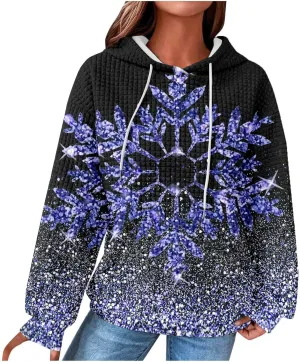 Glitter Snowflake Hoodie for Women Sparkly Pullover Oversized Winter Graphic Hooded Sweatshirt Casual Zip Up Top
