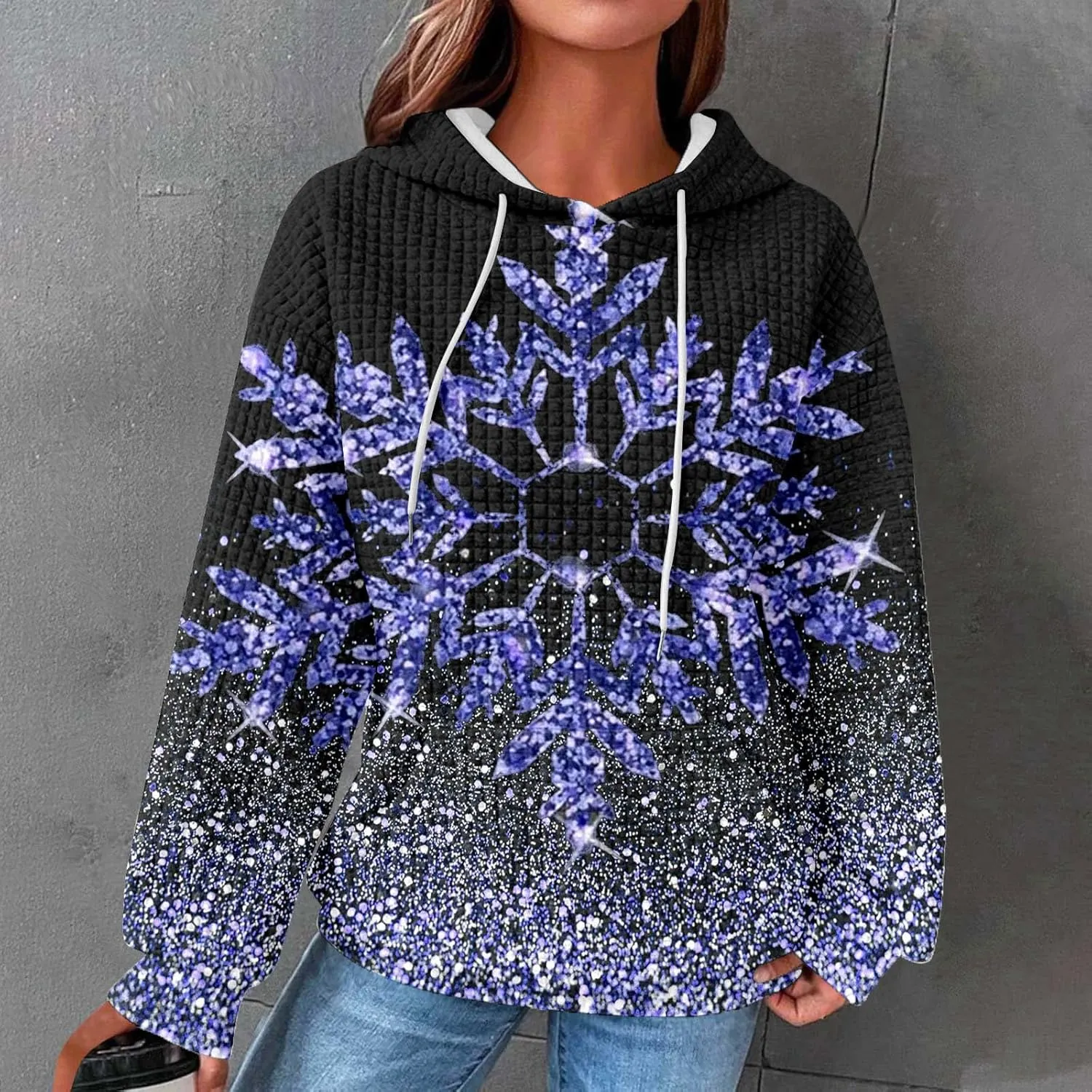 Glitter Snowflake Hoodie for Women Sparkly Pullover Oversized Winter Graphic Hooded Sweatshirt Casual Zip Up Top