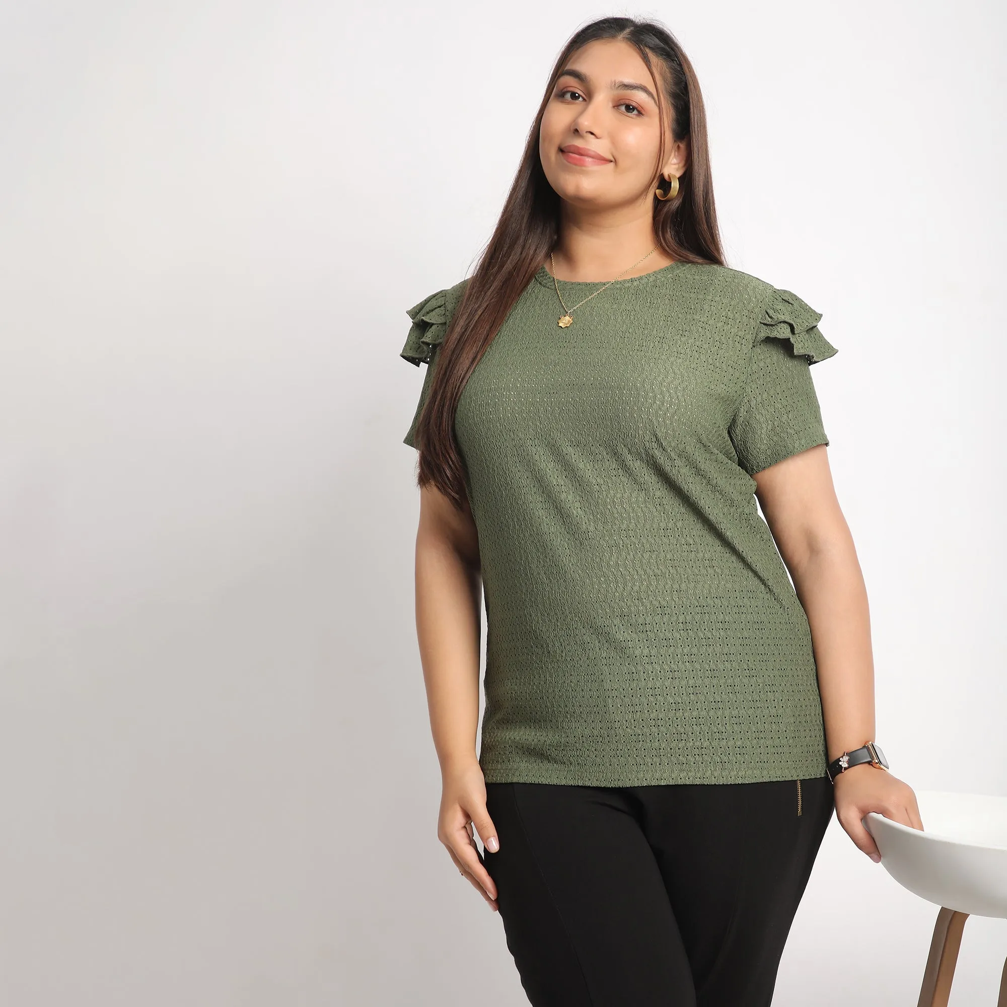 Green Cutwork Knit Plus Size Top with Layered Sleeves