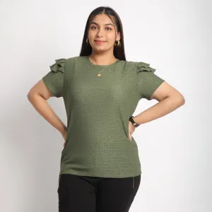 Green Cutwork Knit Plus Size Top with Layered Sleeves