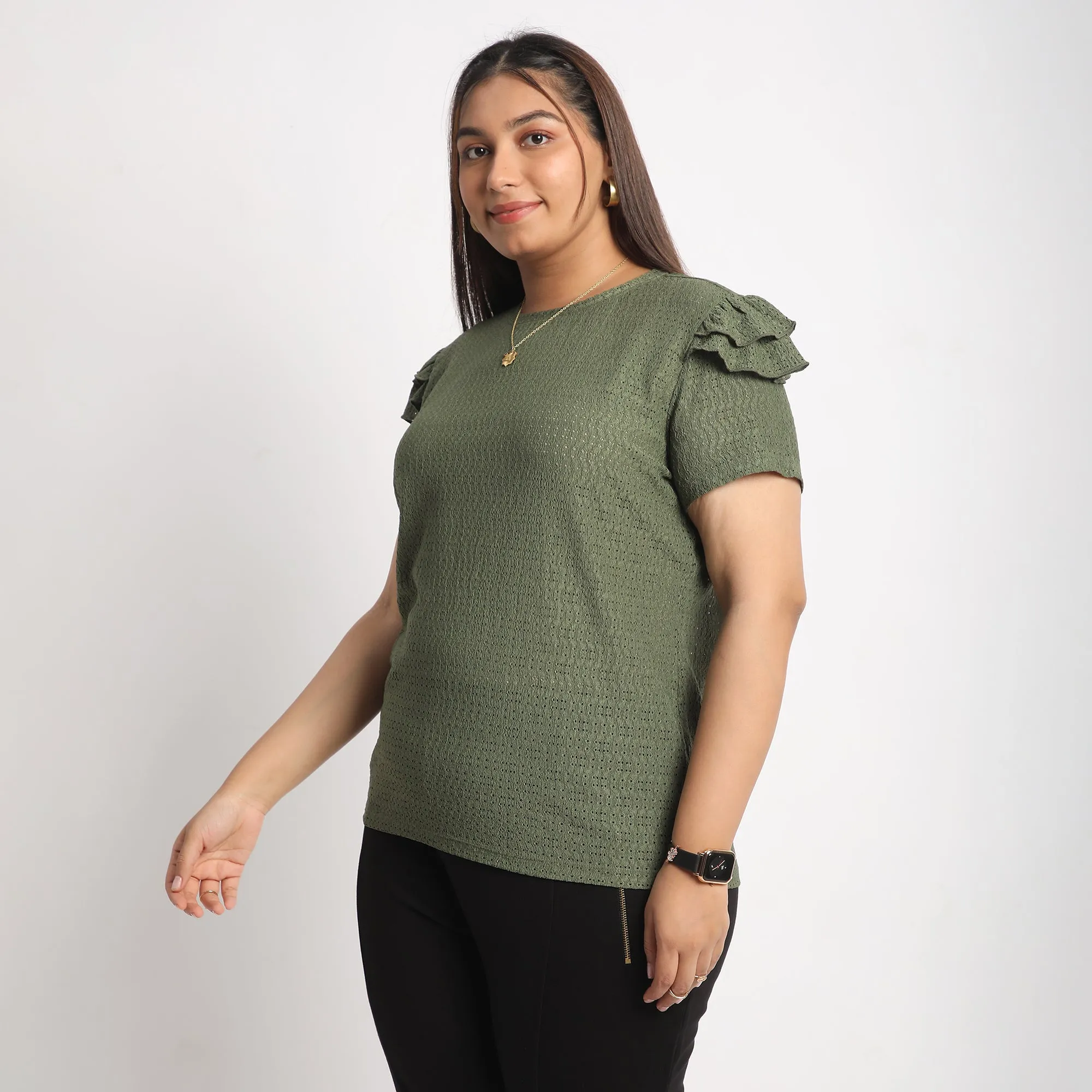 Green Cutwork Knit Plus Size Top with Layered Sleeves