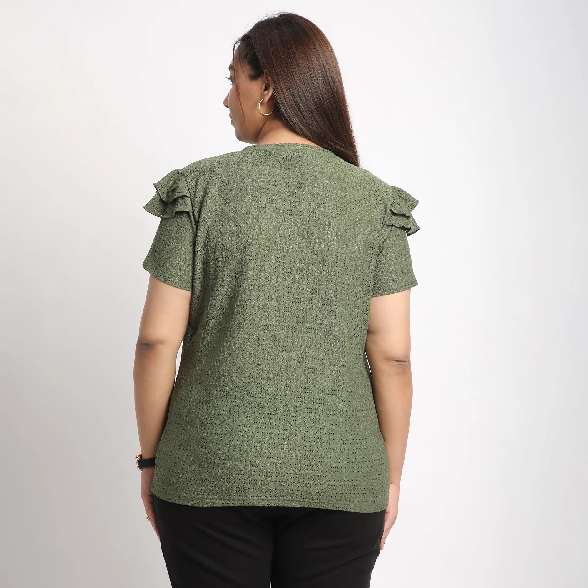 Green Cutwork Knit Plus Size Top with Layered Sleeves