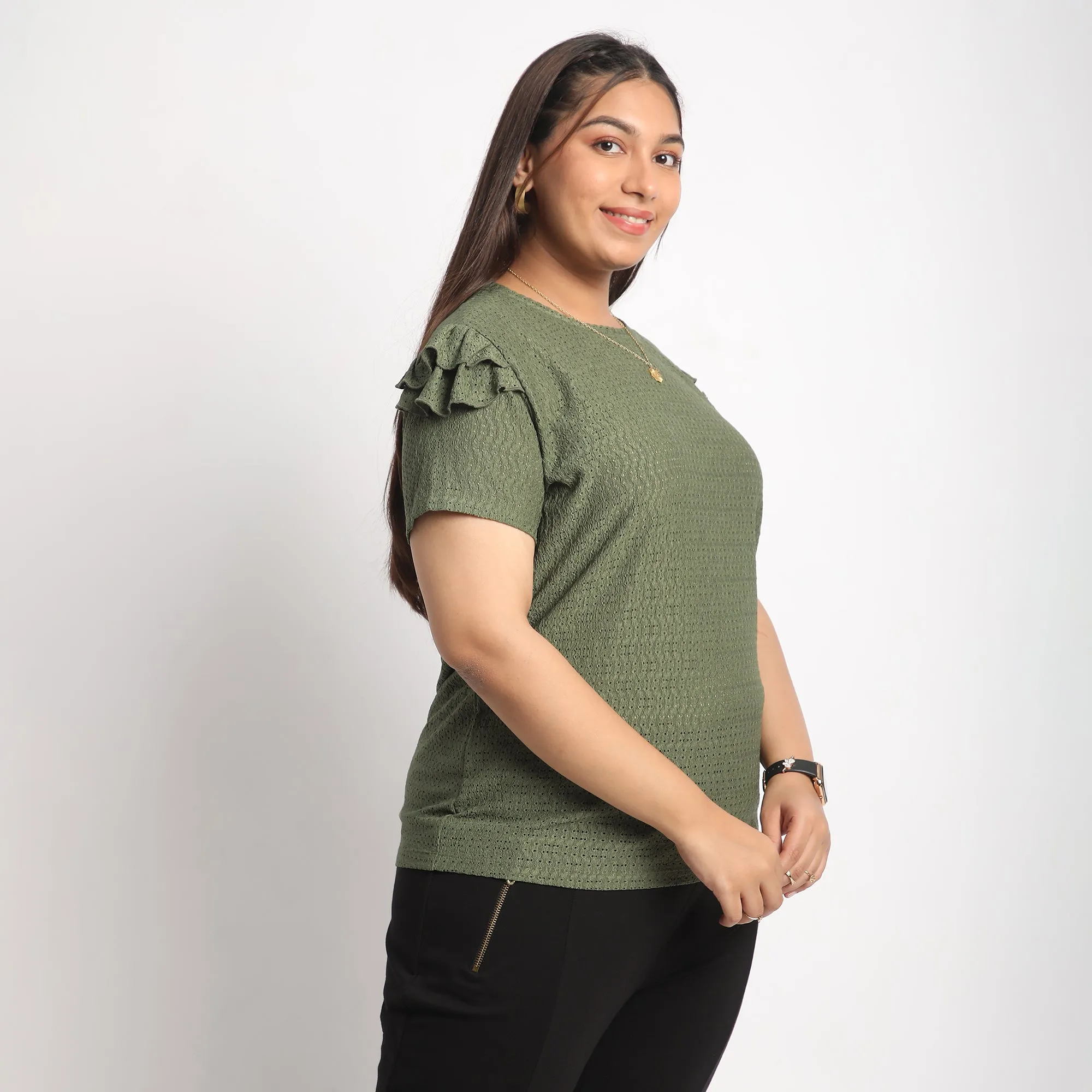 Green Cutwork Knit Plus Size Top with Layered Sleeves