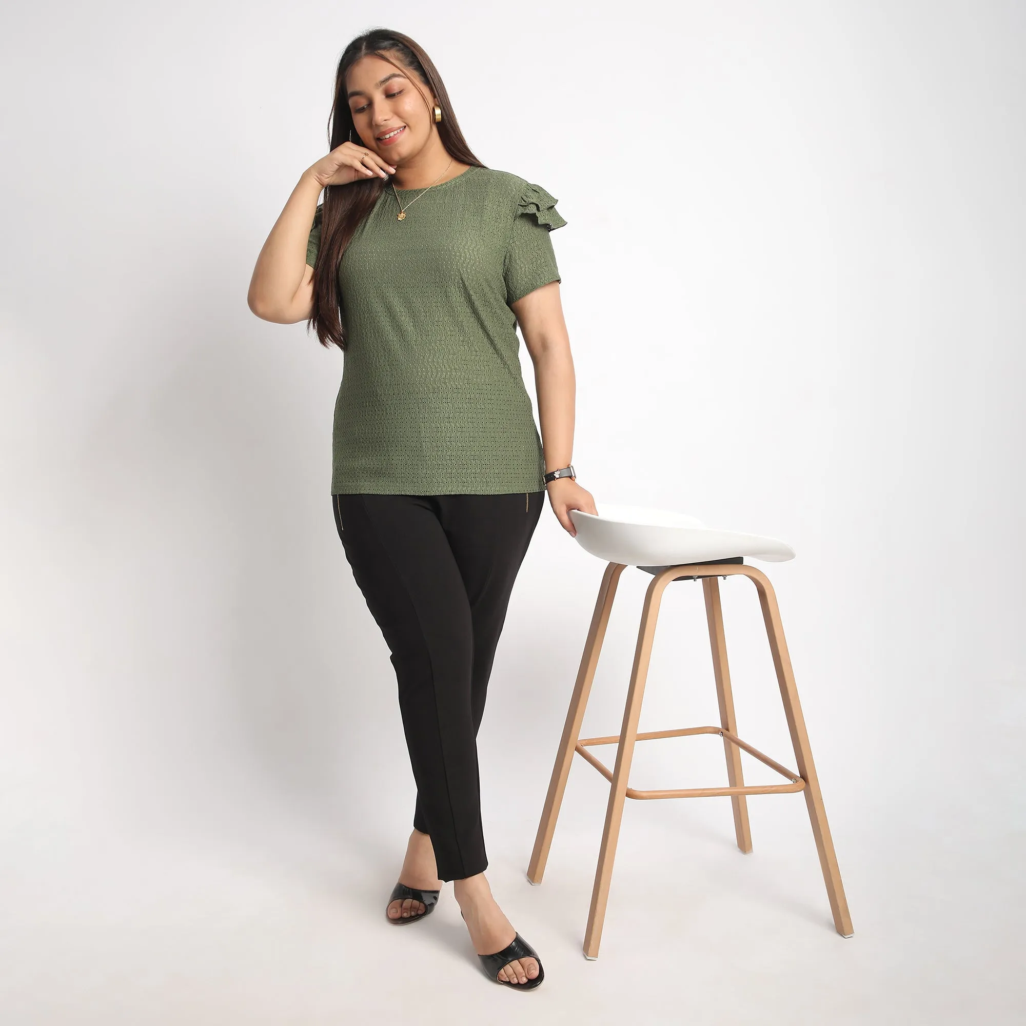 Green Cutwork Knit Plus Size Top with Layered Sleeves