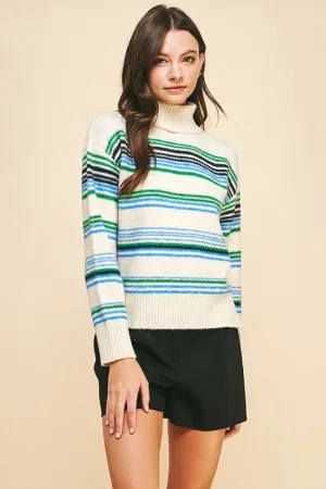 Green Stripe Cream Turtleneck Sweater