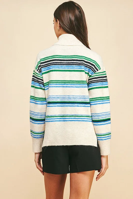 Green Stripe Cream Turtleneck Sweater
