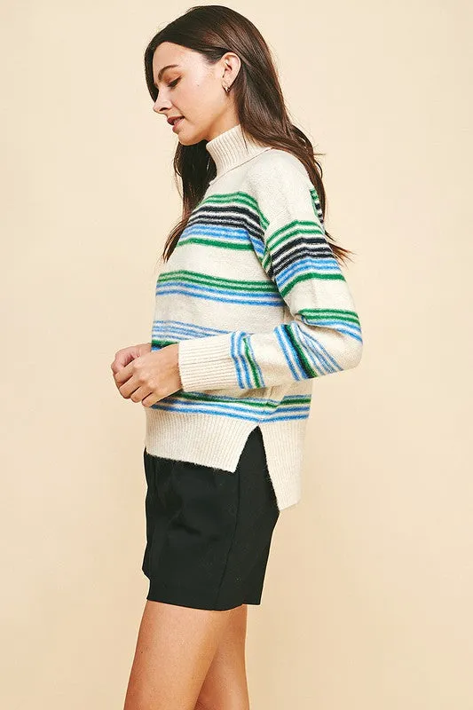 Green Stripe Cream Turtleneck Sweater