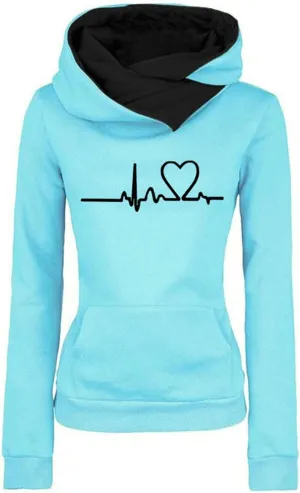 Hoodies for Women Oversized Long Sleeve Electrocardiogram Printed Hooded Sweatshirts Warm Cowl Neck Pullover Tops