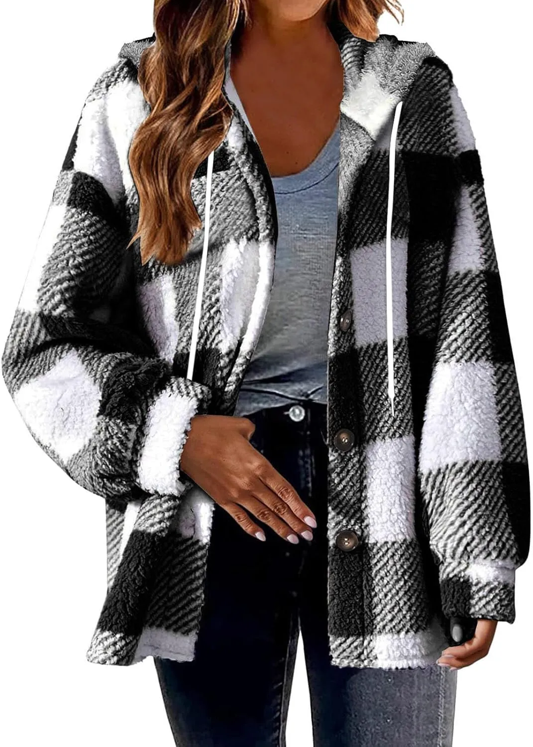 Hvyesh Teddy Bear Flannel Jacket Women Winter Clothes Hoodies, Oversized Fuzzy Fleece Sherpa Shacket Jackets for Women