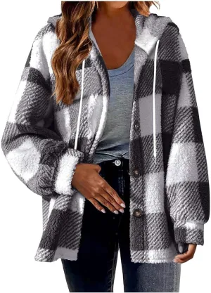 Hvyesh Teddy Bear Flannel Jacket Women Winter Clothes Hoodies, Oversized Fuzzy Fleece Sherpa Shacket Jackets for Women