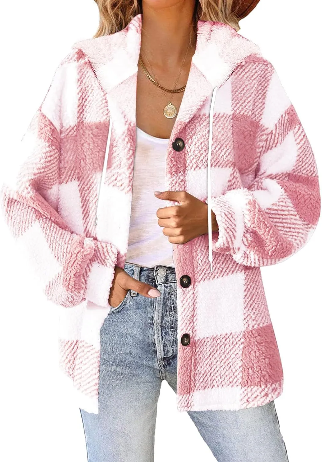 Hvyesh Teddy Bear Flannel Jacket Women Winter Clothes Hoodies, Oversized Fuzzy Fleece Sherpa Shacket Jackets for Women
