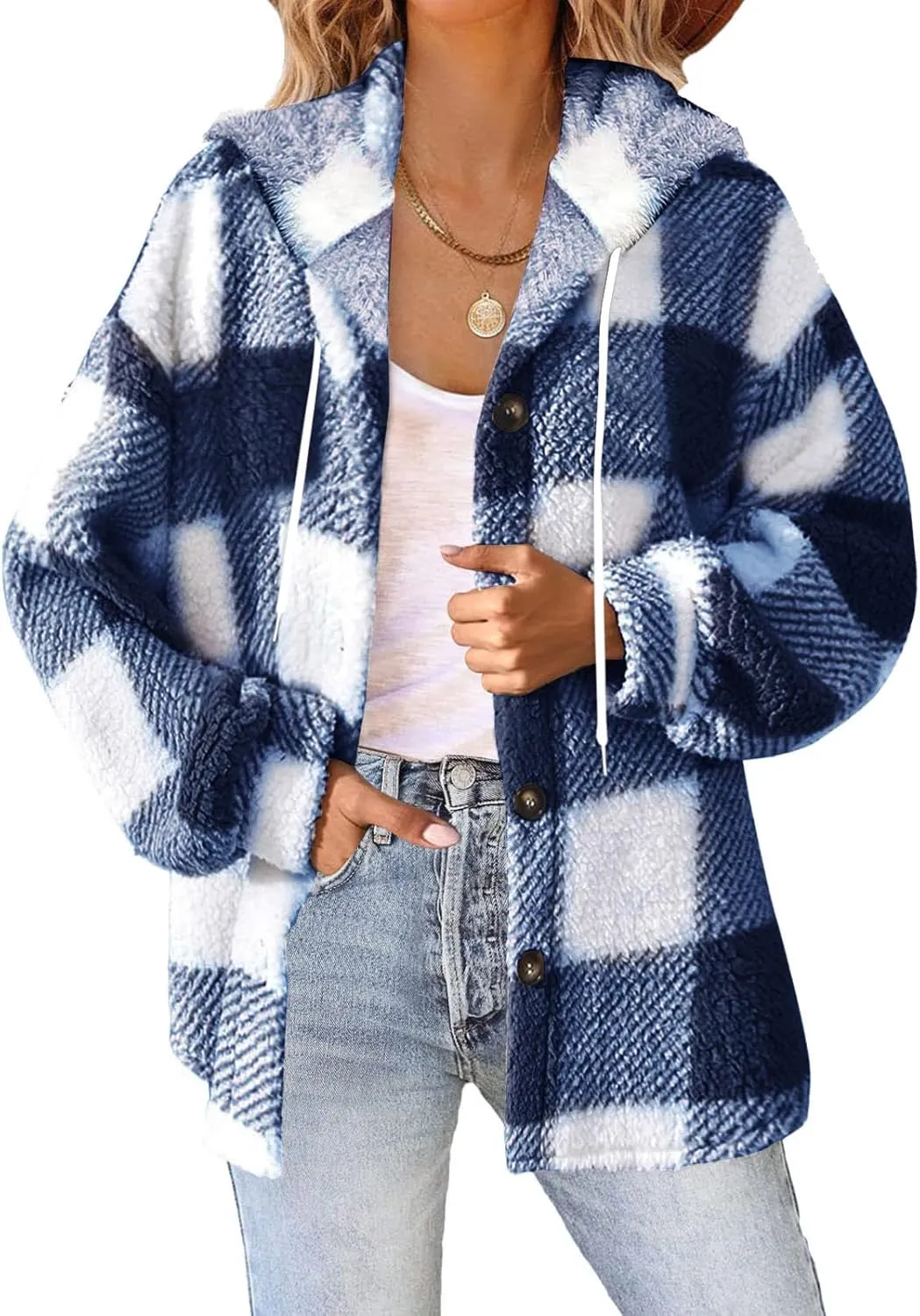 Hvyesh Teddy Bear Flannel Jacket Women Winter Clothes Hoodies, Oversized Fuzzy Fleece Sherpa Shacket Jackets for Women