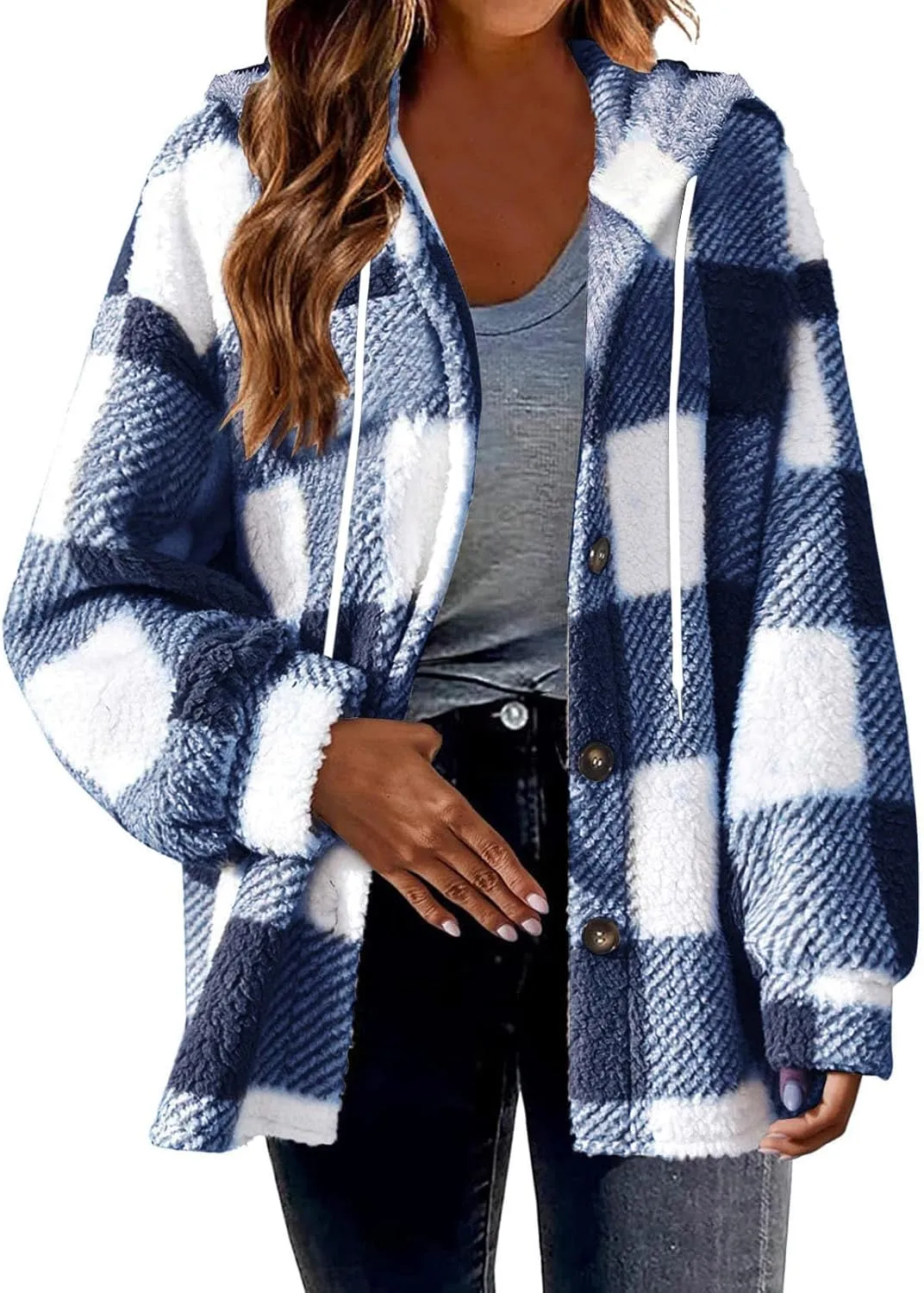 Hvyesh Teddy Bear Flannel Jacket Women Winter Clothes Hoodies, Oversized Fuzzy Fleece Sherpa Shacket Jackets for Women