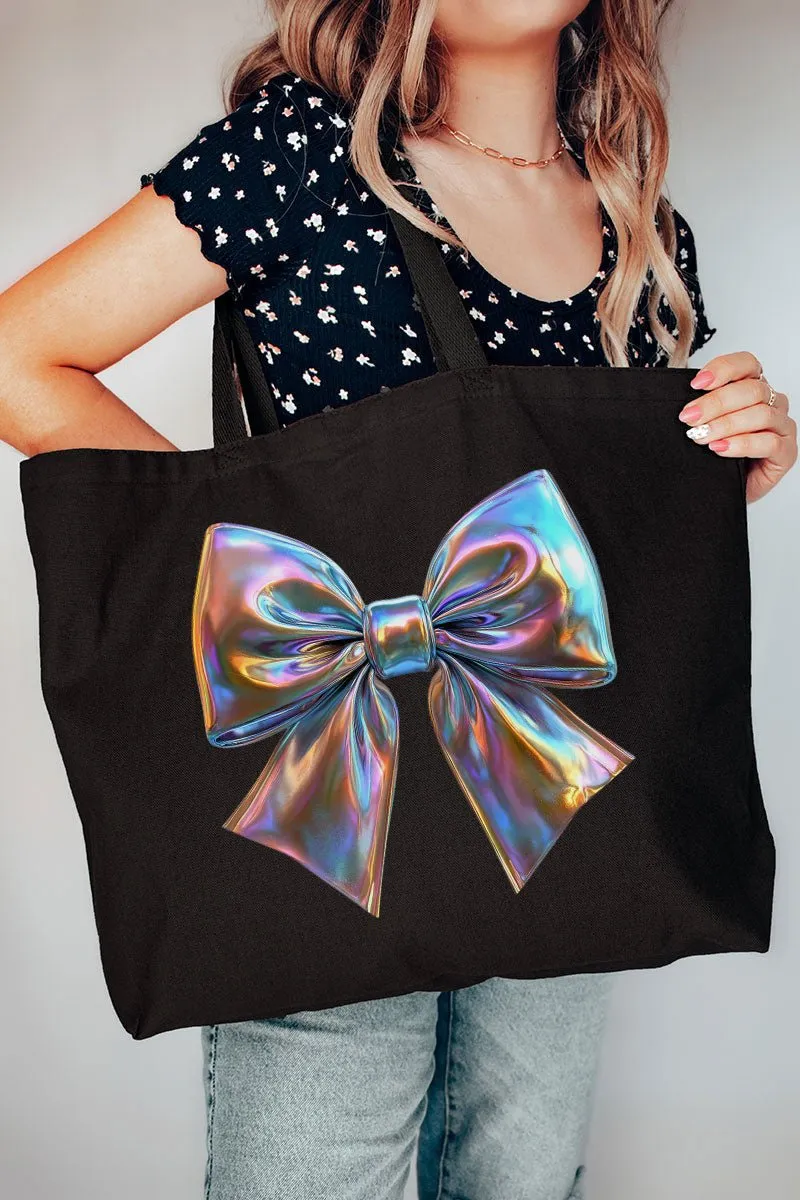 Iridescent Satin Bow Canvas Jumbo Tote