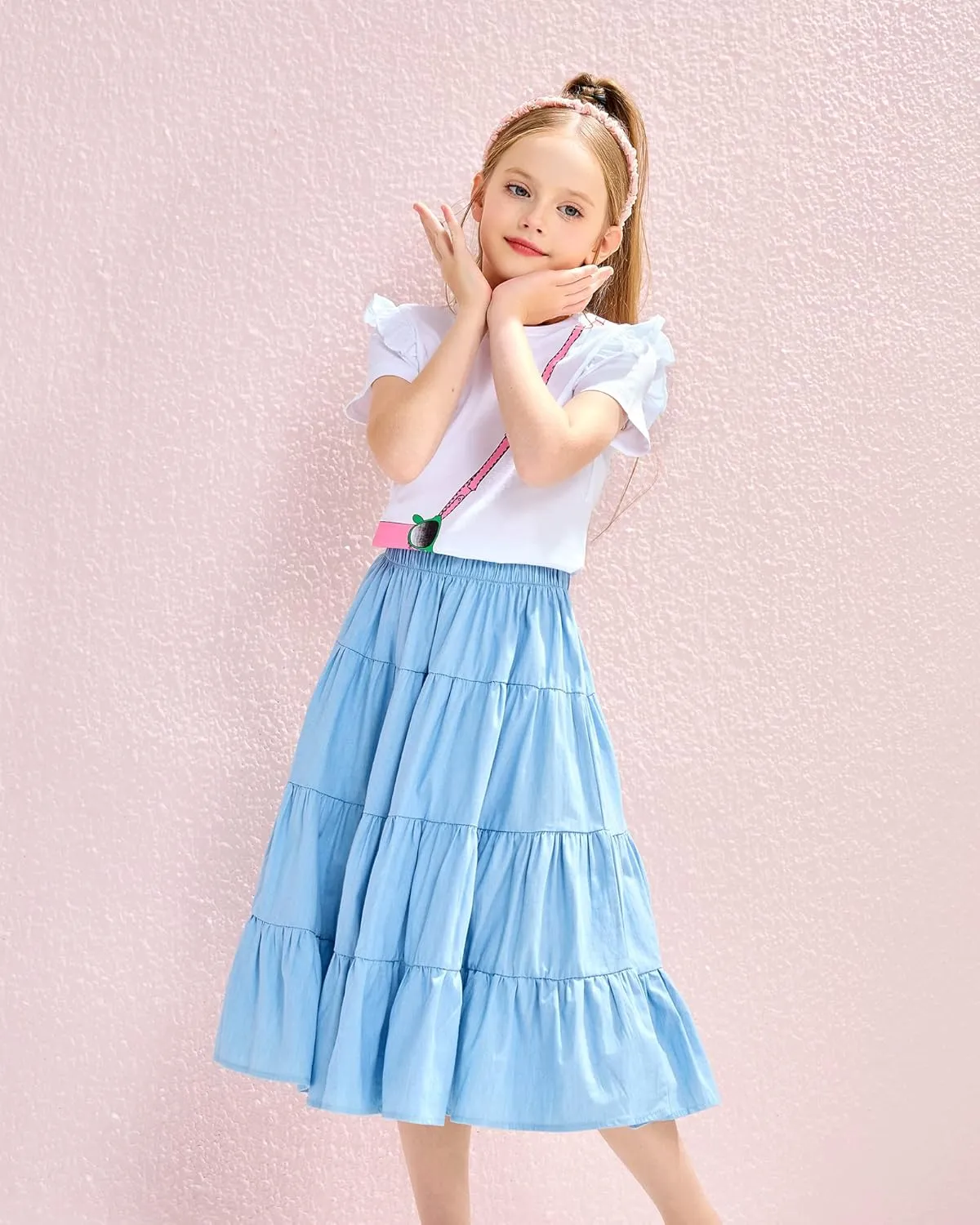 J.E Sterguard Skirts for Girls Stretch Waist A-Line Big Swing Middle Length Multilevel Pleated Skirt Girls Skirts Size 4-16
