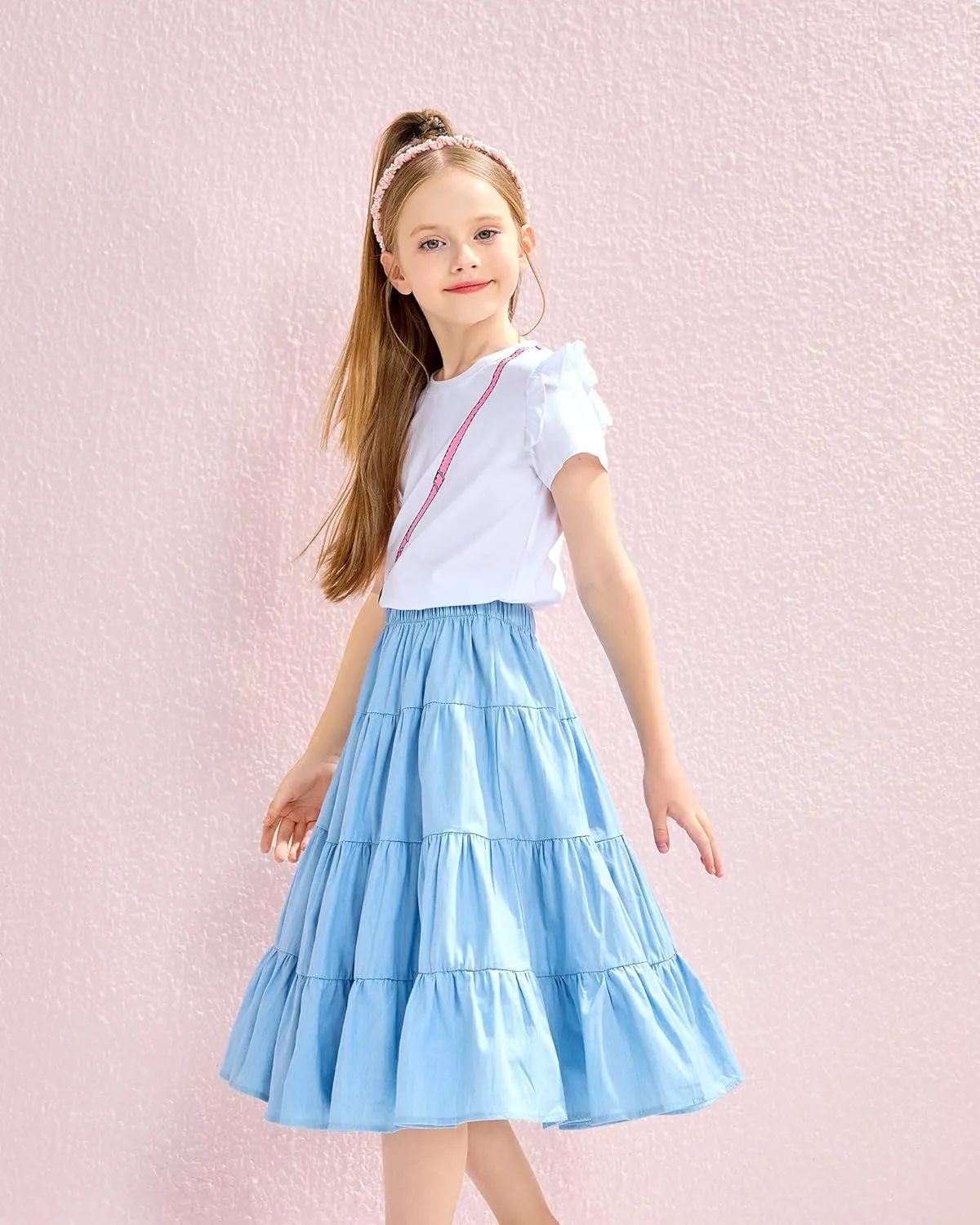 J.E Sterguard Skirts for Girls Stretch Waist A-Line Big Swing Middle Length Multilevel Pleated Skirt Girls Skirts Size 4-16