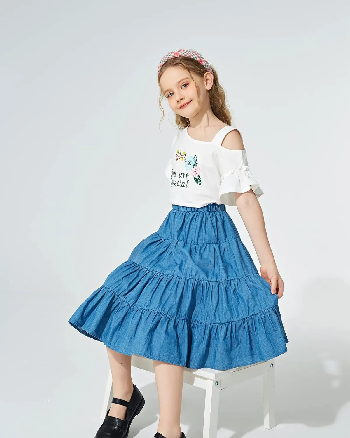 J.E Sterguard Skirts for Girls Stretch Waist A-Line Big Swing Middle Length Multilevel Pleated Skirt Girls Skirts Size 4-16