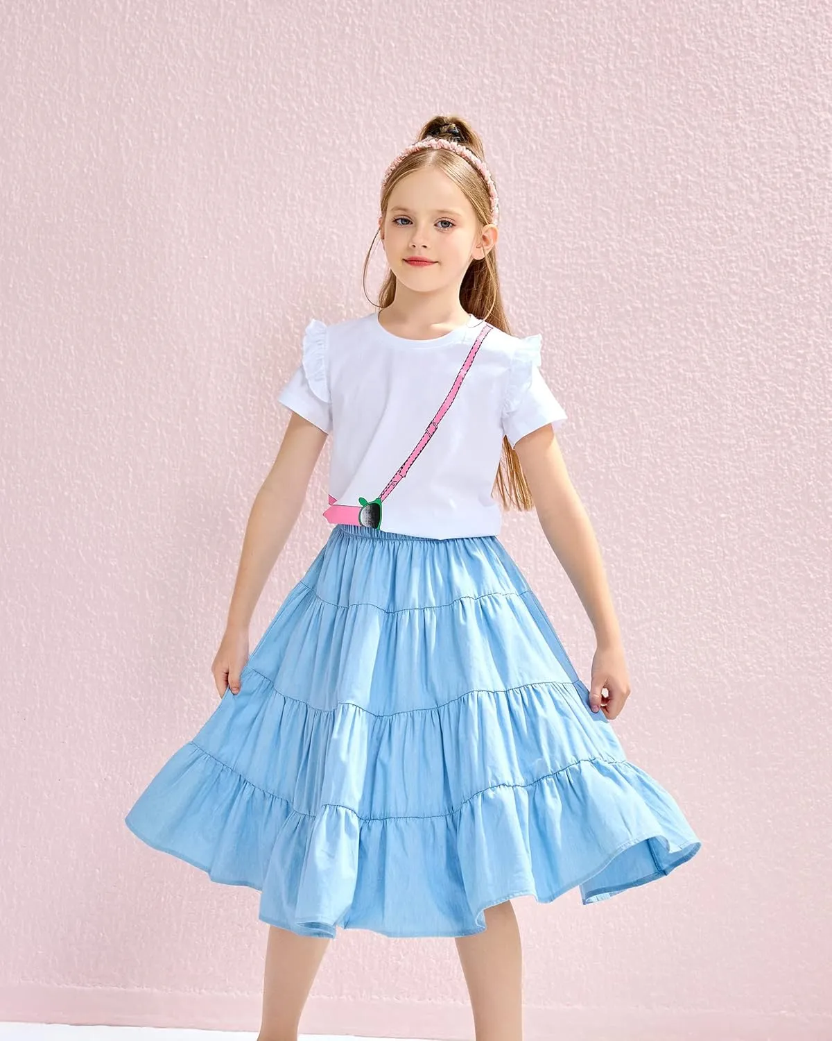 J.E Sterguard Skirts for Girls Stretch Waist A-Line Big Swing Middle Length Multilevel Pleated Skirt Girls Skirts Size 4-16