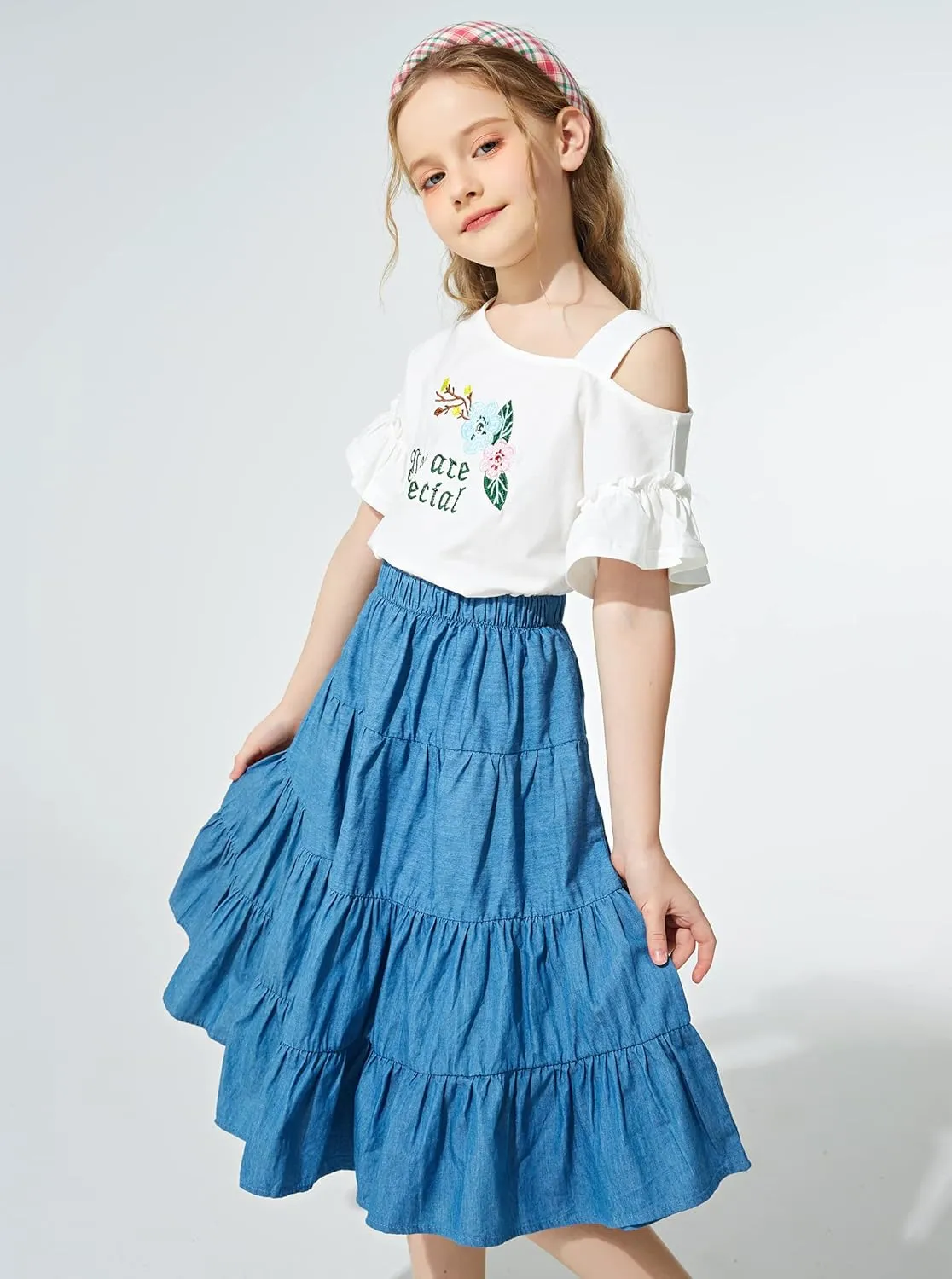 J.E Sterguard Skirts for Girls Stretch Waist A-Line Big Swing Middle Length Multilevel Pleated Skirt Girls Skirts Size 4-16
