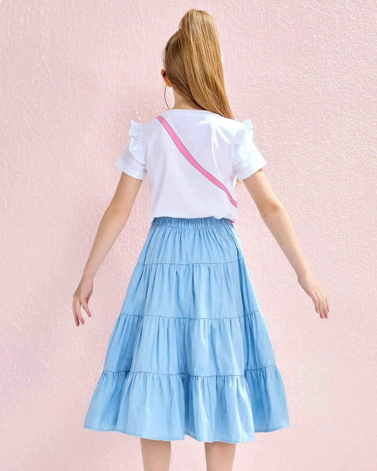 J.E Sterguard Skirts for Girls Stretch Waist A-Line Big Swing Middle Length Multilevel Pleated Skirt Girls Skirts Size 4-16