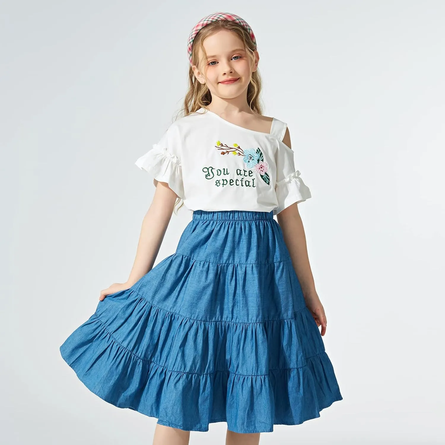 J.E Sterguard Skirts for Girls Stretch Waist A-Line Big Swing Middle Length Multilevel Pleated Skirt Girls Skirts Size 4-16