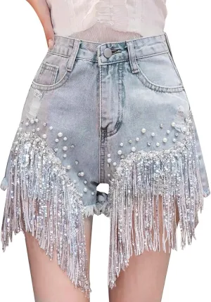 Jean Shorts Womens High Waisted Ripped Rhinestone Pearl Beaded Fringe Tassel Denim Short Raw Hem Frayed Shorts