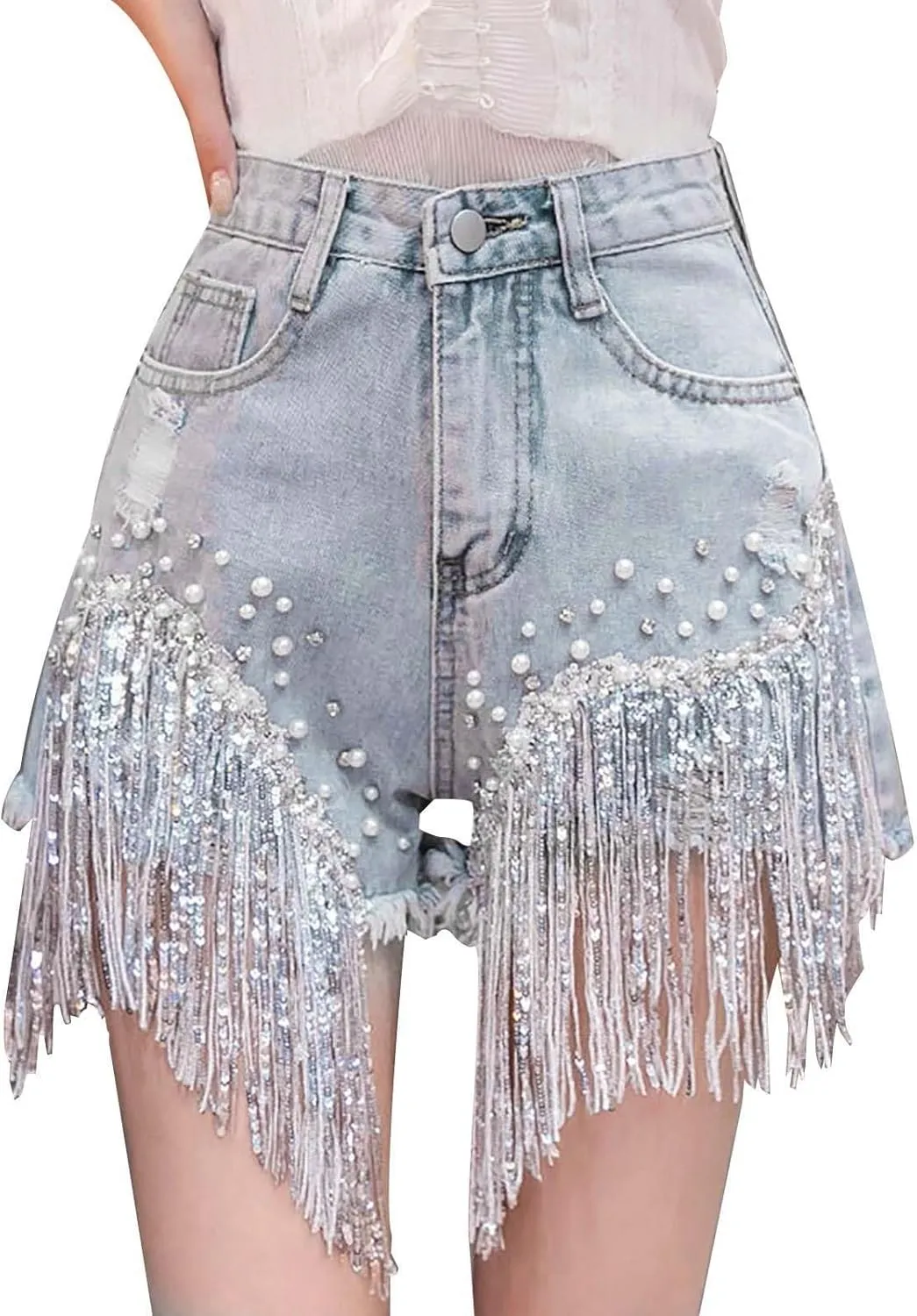 Jean Shorts Womens High Waisted Ripped Rhinestone Pearl Beaded Fringe Tassel Denim Short Raw Hem Frayed Shorts