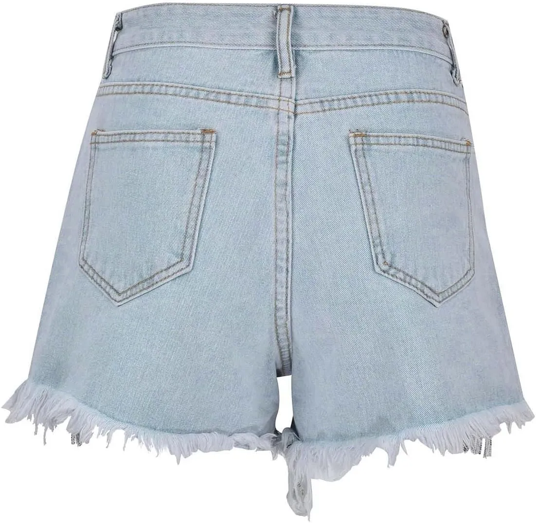 Jean Shorts Womens High Waisted Ripped Rhinestone Pearl Beaded Fringe Tassel Denim Short Raw Hem Frayed Shorts
