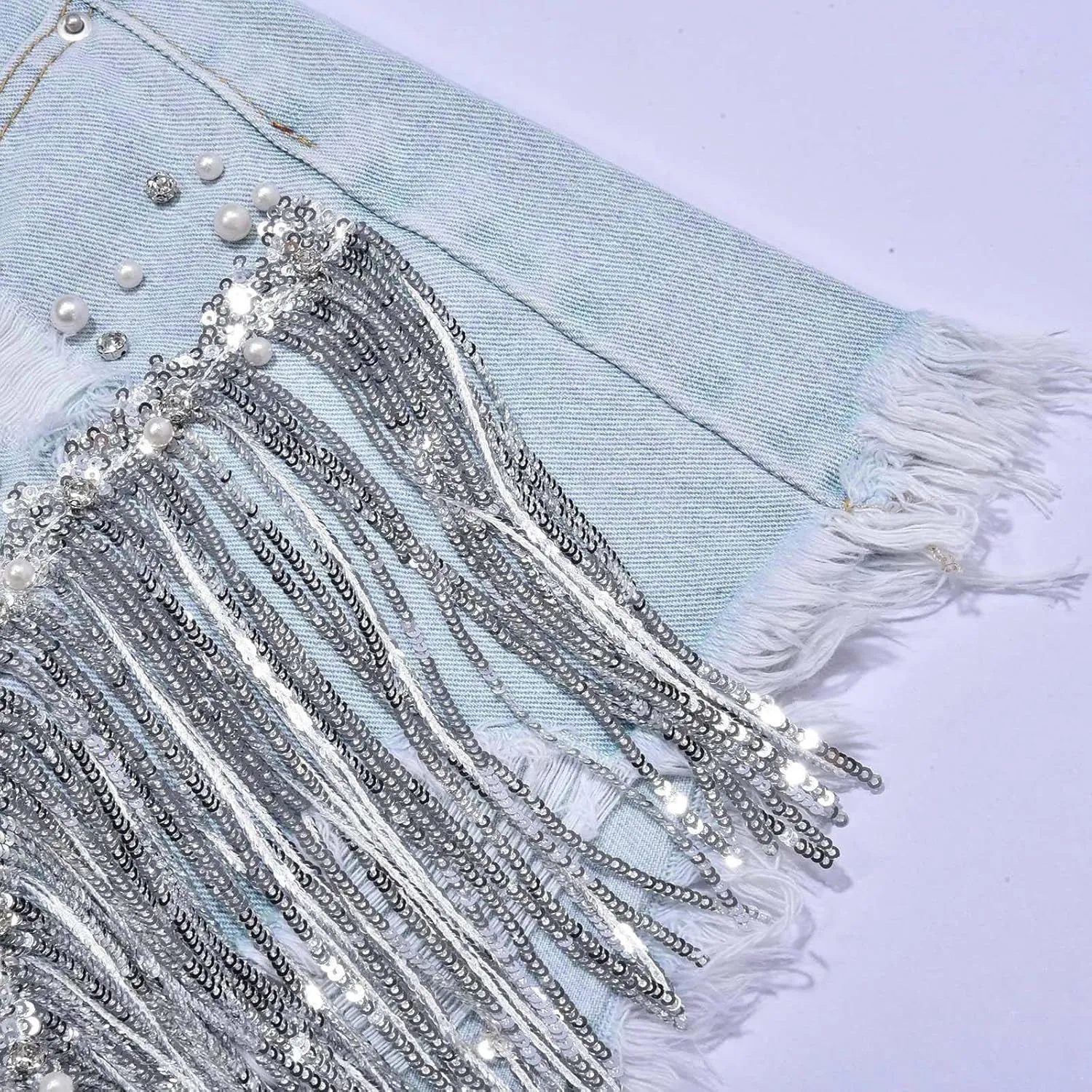 Jean Shorts Womens High Waisted Ripped Rhinestone Pearl Beaded Fringe Tassel Denim Short Raw Hem Frayed Shorts