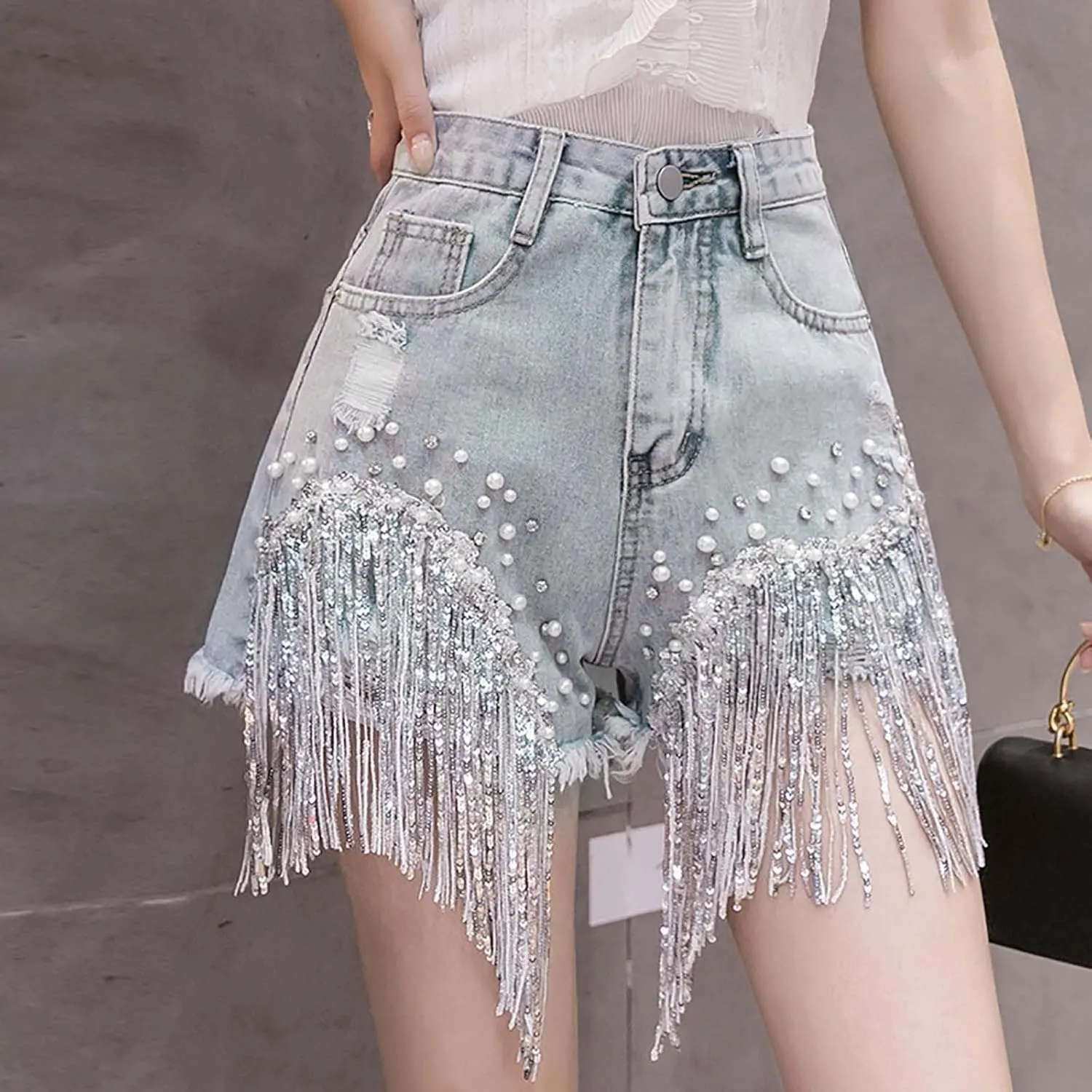 Jean Shorts Womens High Waisted Ripped Rhinestone Pearl Beaded Fringe Tassel Denim Short Raw Hem Frayed Shorts