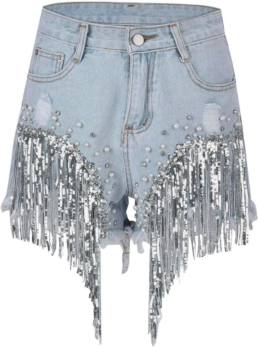 Jean Shorts Womens High Waisted Ripped Rhinestone Pearl Beaded Fringe Tassel Denim Short Raw Hem Frayed Shorts